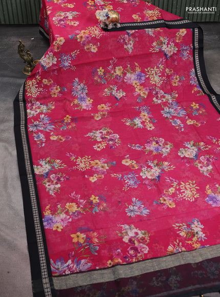 Kota silk cotton saree pink and black with allover floral digital prints and thread woven border