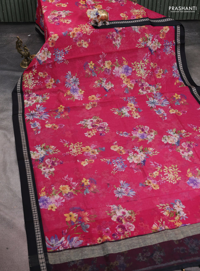 Kota silk cotton saree pink and black with allover floral digital prints and thread woven border