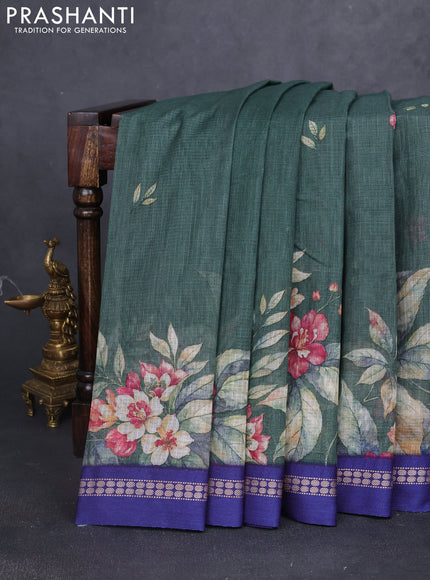 Kota silk cotton saree bottle green and blue with floral digital prints and thread woven border