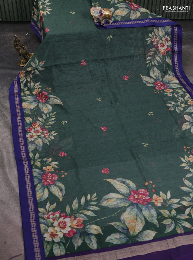 Kota silk cotton saree bottle green and blue with floral digital prints and thread woven border