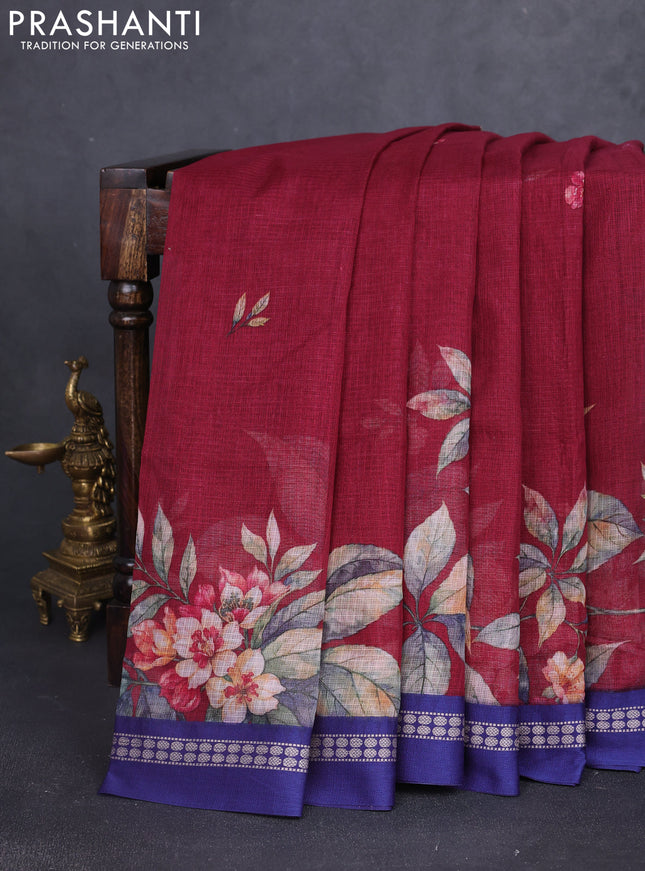 Kota silk cotton saree maroon and blue with floral digital prints and thread woven border