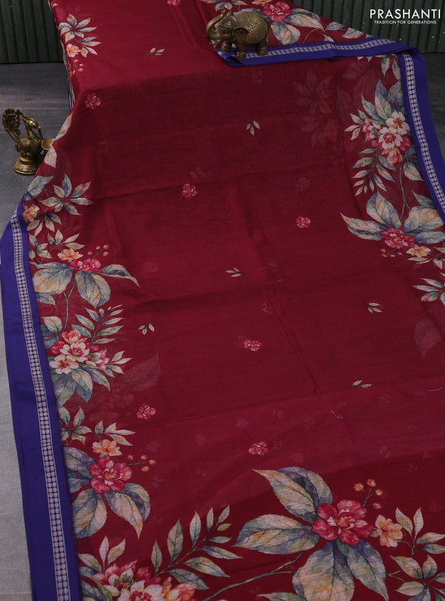 Kota silk cotton saree maroon and blue with floral digital prints and thread woven border