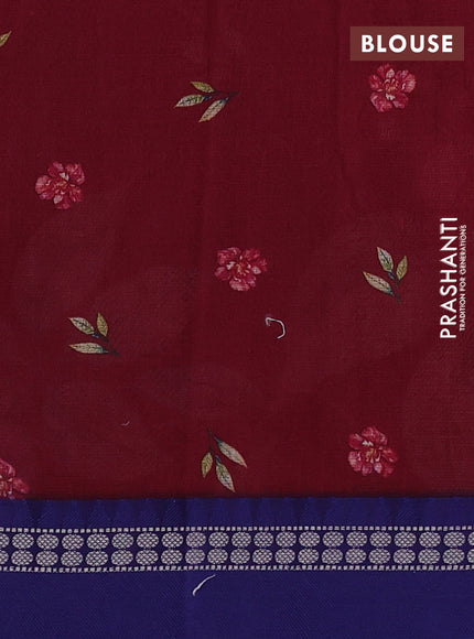 Kota silk cotton saree maroon and blue with floral digital prints and thread woven border