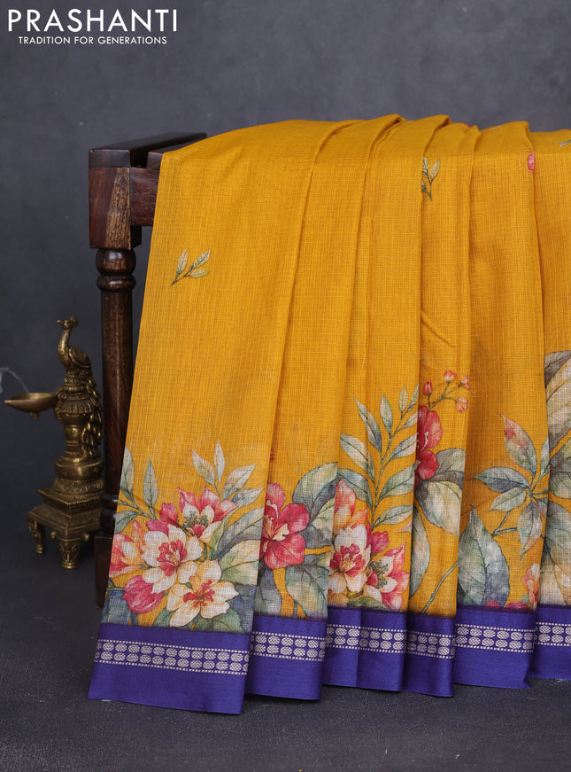 Kota silk cotton saree mustard yellow and blue with floral digital prints and thread woven border