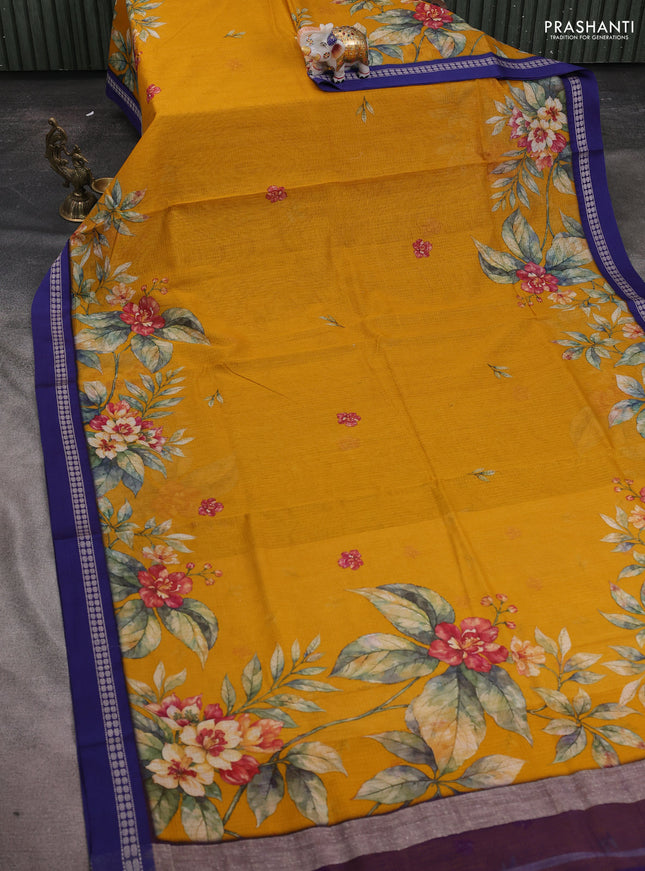 Kota silk cotton saree mustard yellow and blue with floral digital prints and thread woven border