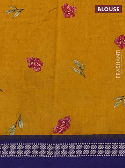 Kota silk cotton saree mustard yellow and blue with floral digital prints and thread woven border