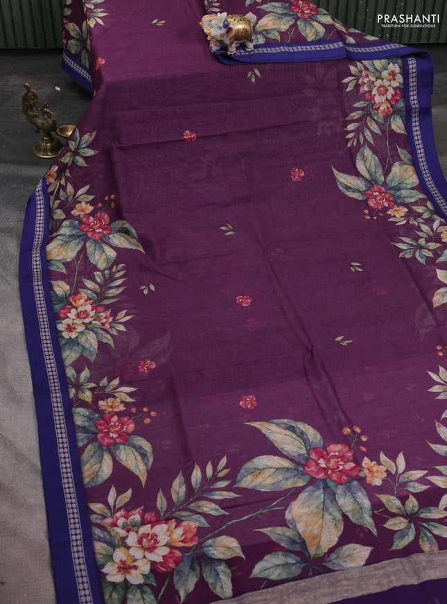 Kota silk cotton saree wine shade and blue with floral digital prints and thread woven border