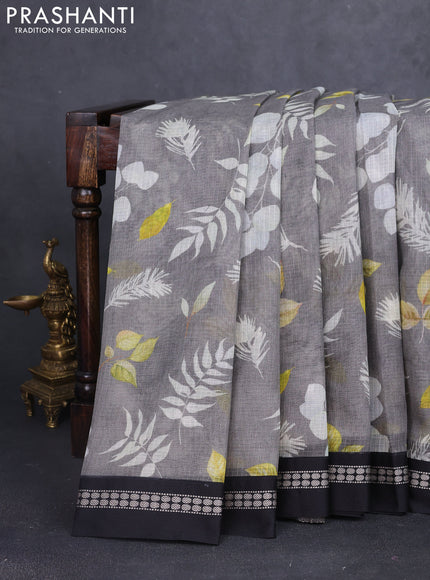 Kota silk cotton saree grey and black with allover leaf digital prints and thread woven border