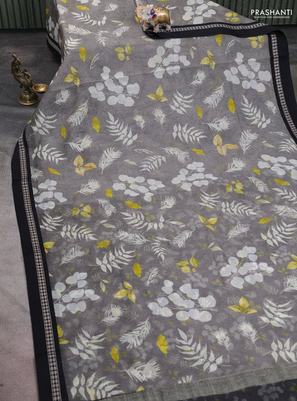 Kota silk cotton saree grey and black with allover leaf digital prints and thread woven border