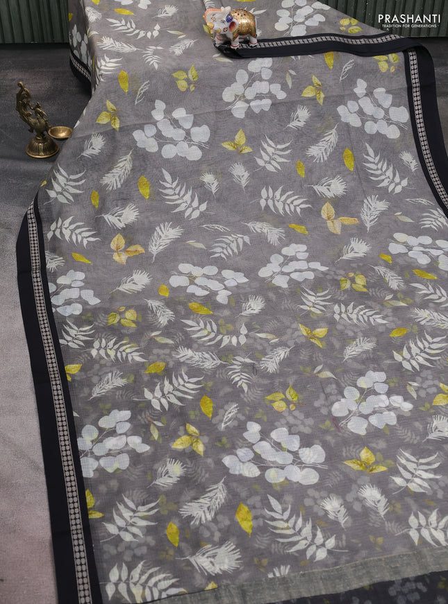 Kota silk cotton saree grey and black with allover leaf digital prints and thread woven border