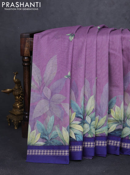 Kota silk cotton saree pastel purple and blue with digital prints and thread woven border