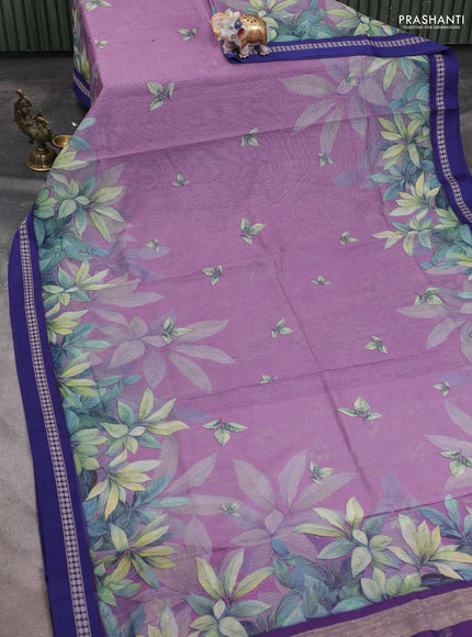 Kota silk cotton saree pastel purple and blue with digital prints and thread woven border