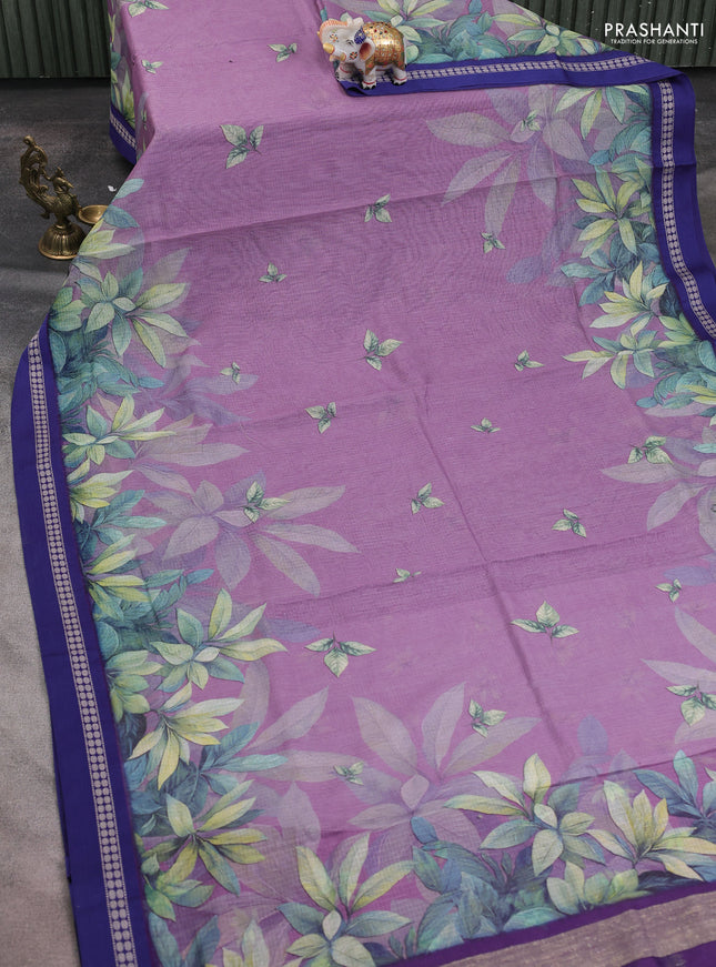 Kota silk cotton saree pastel purple and blue with digital prints and thread woven border