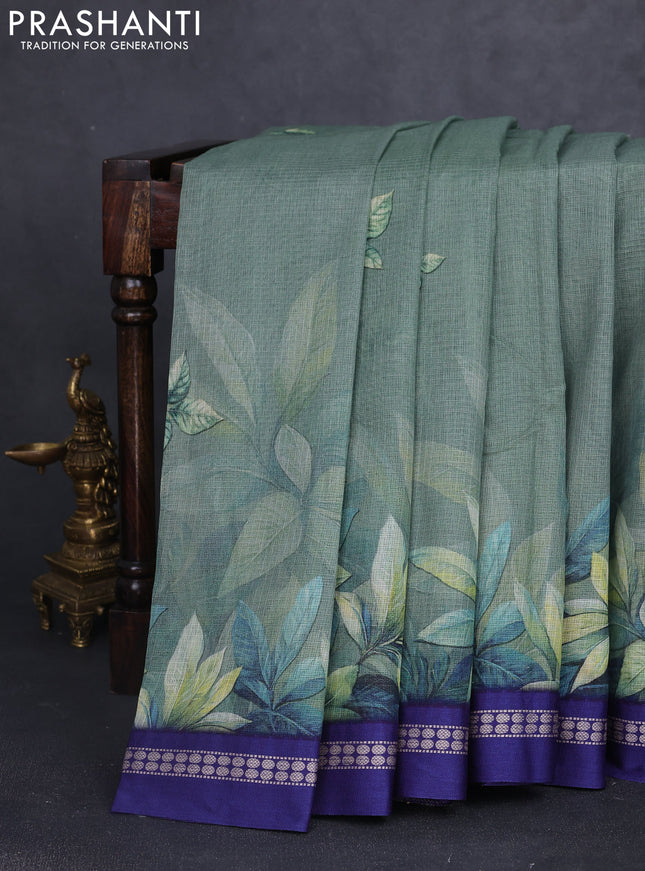 Kota silk cotton saree pastel green and blue with digital prints and thread woven border