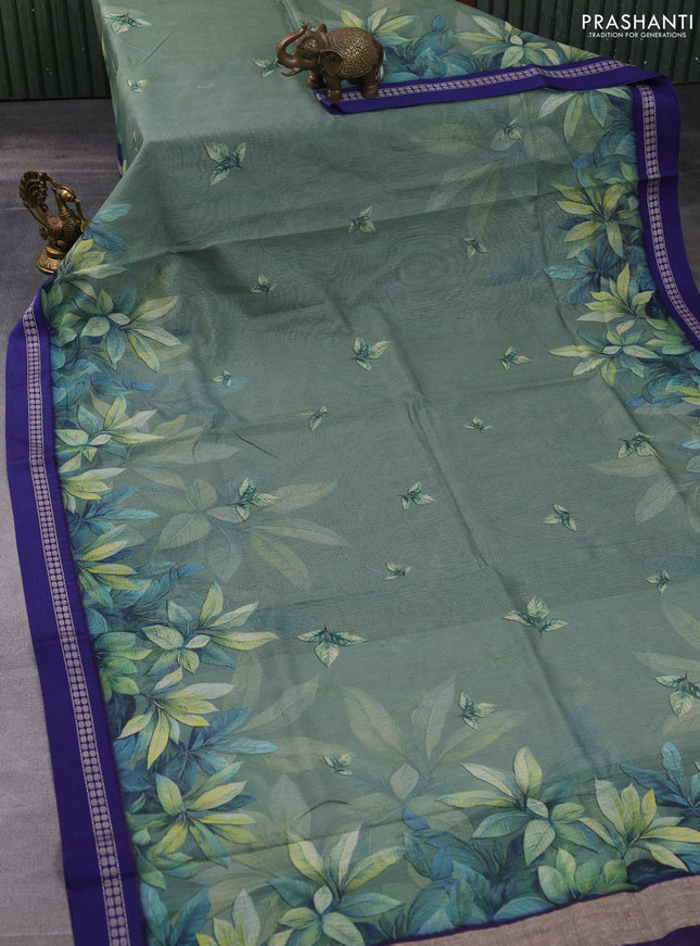 Kota silk cotton saree pastel green and blue with digital prints and thread woven border
