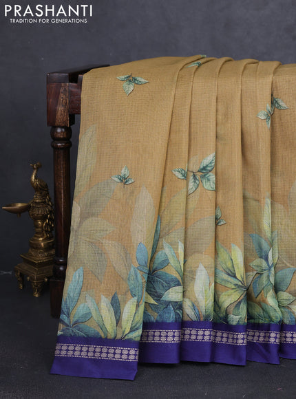 Kota silk cotton saree dark sandal and blue with digital prints and thread woven border
