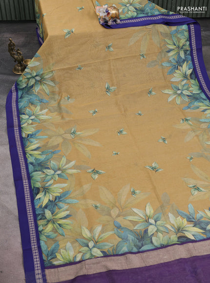 Kota silk cotton saree dark sandal and blue with digital prints and thread woven border