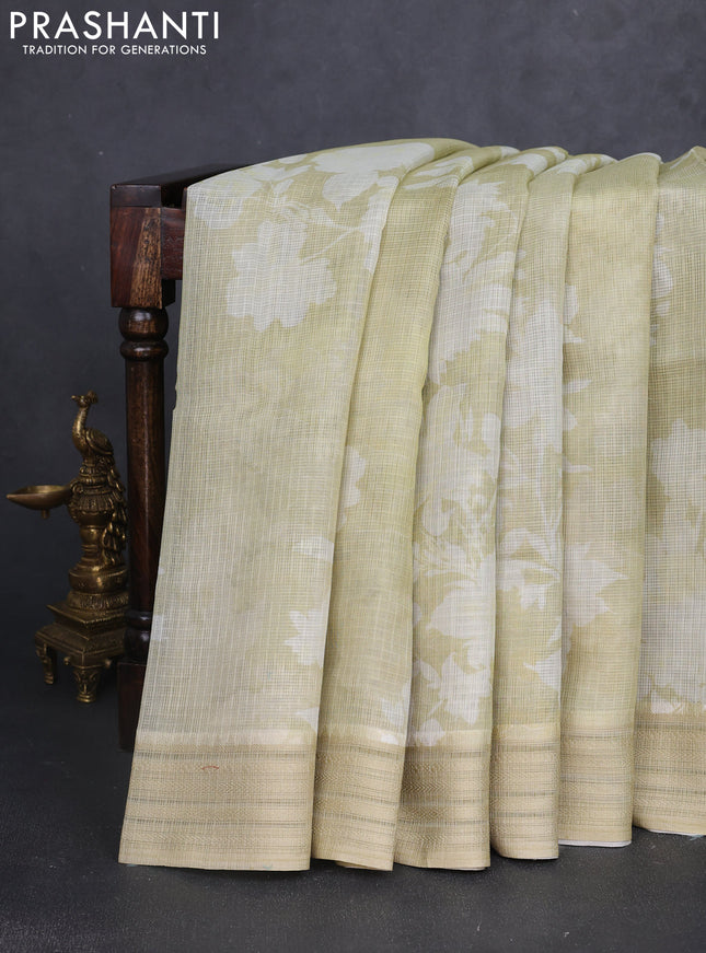 Kota silk cotton saree mild pista green with floral digital prints and thread woven border