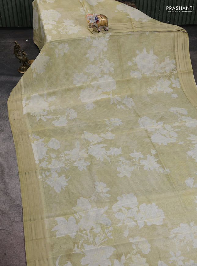 Kota silk cotton saree mild pista green with floral digital prints and thread woven border