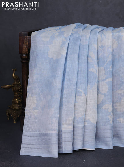 Kota silk cotton saree pastel blue shade with floral digital prints and thread woven border