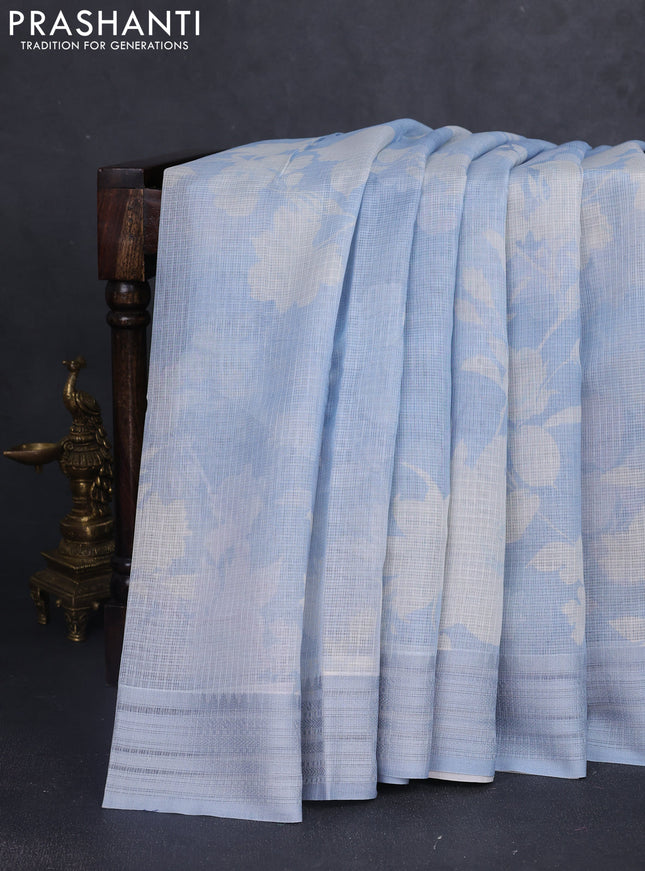 Kota silk cotton saree pastel blue shade with floral digital prints and thread woven border