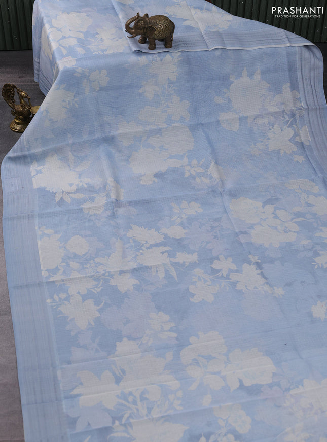 Kota silk cotton saree pastel blue shade with floral digital prints and thread woven border