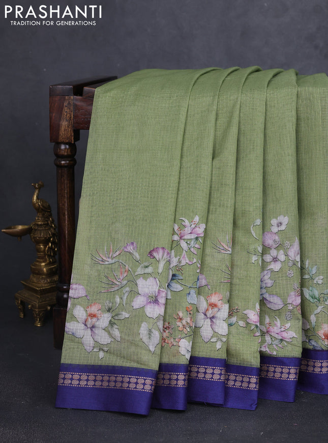 Kota silk cotton saree light green and blue with floral digital prints and thread woven border