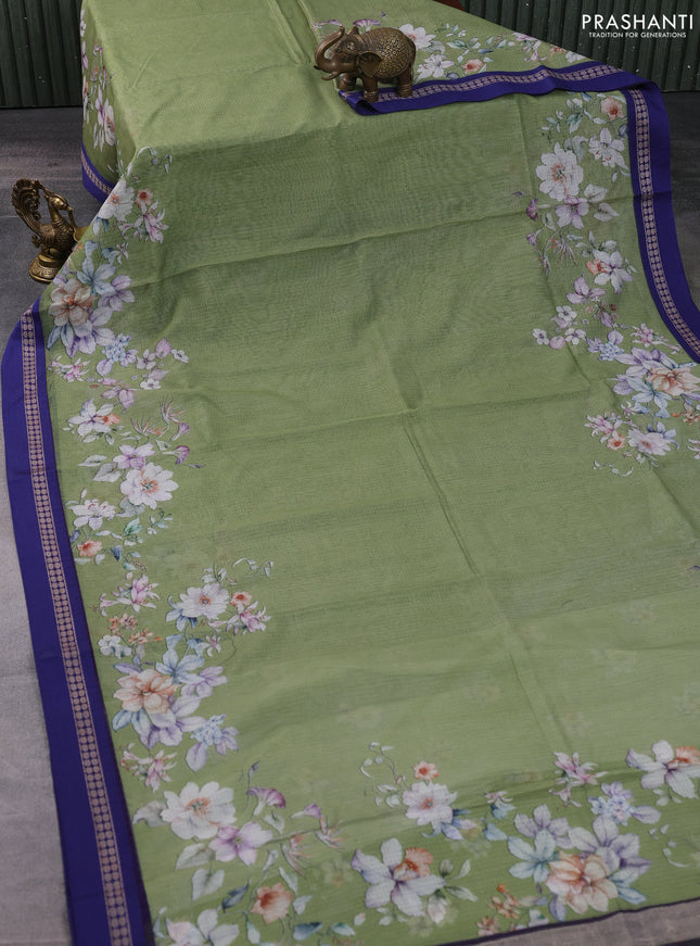 Kota silk cotton saree light green and blue with floral digital prints and thread woven border