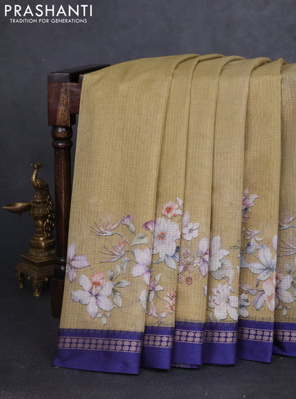 Kota silk cotton saree khaki shade and blue with floral digital prints and thread woven border