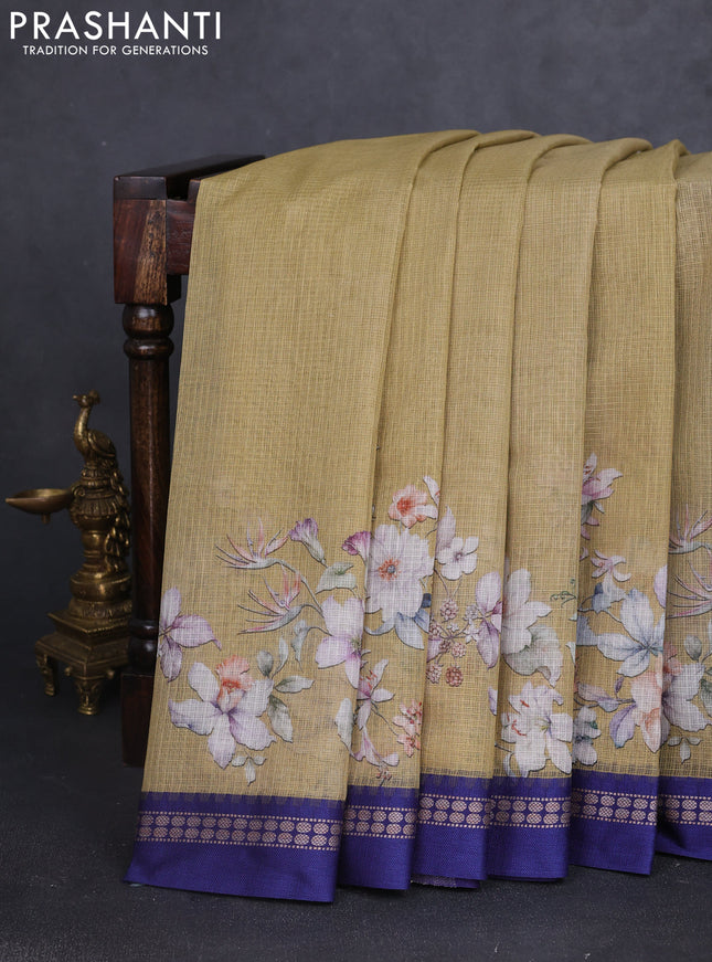 Kota silk cotton saree khaki shade and blue with floral digital prints and thread woven border