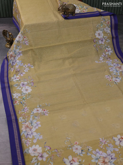 Kota silk cotton saree khaki shade and blue with floral digital prints and thread woven border