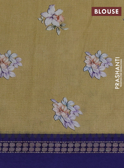 Kota silk cotton saree khaki shade and blue with floral digital prints and thread woven border