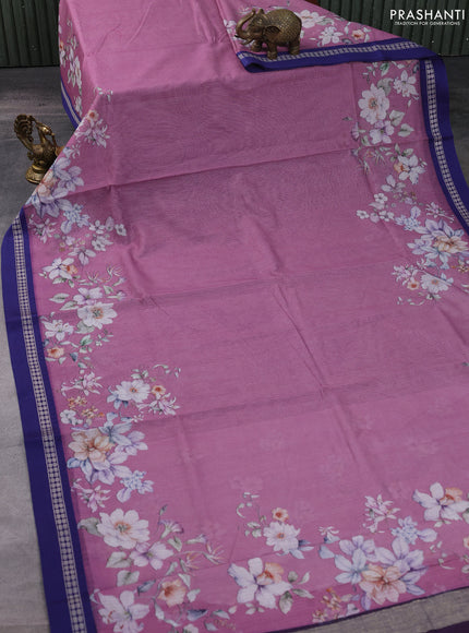 Kota silk cotton saree pastel purple and blue with floral digital prints and thread woven border