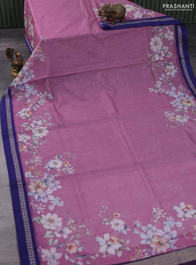 Kota silk cotton saree pastel purple and blue with floral digital prints and thread woven border