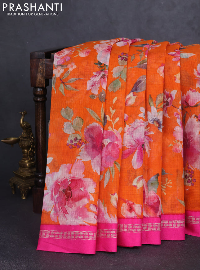 Kota silk cotton saree orange and pink with allover floral digital prints and thread woven border