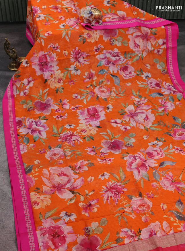 Kota silk cotton saree orange and pink with allover floral digital prints and thread woven border