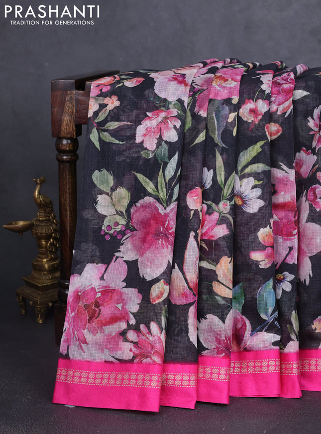 Kota silk cotton saree black and pink with allover floral digital prints and thread woven border