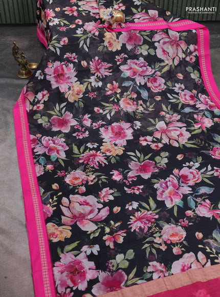 Kota silk cotton saree black and pink with allover floral digital prints and thread woven border