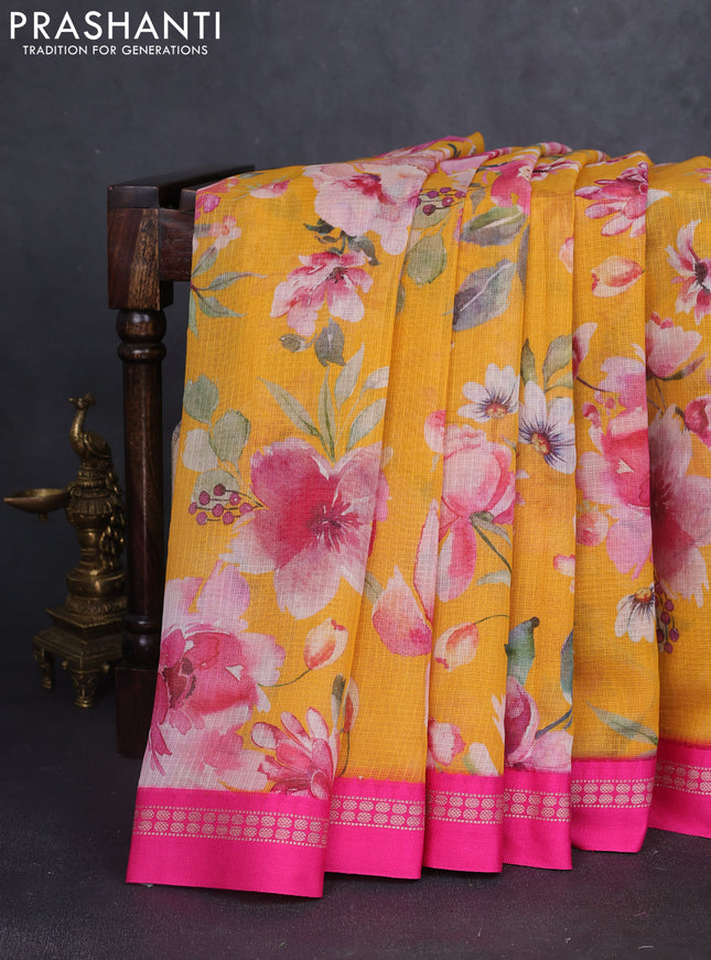 Kota silk cotton saree mango yellow and pink with allover floral digital prints and thread woven border