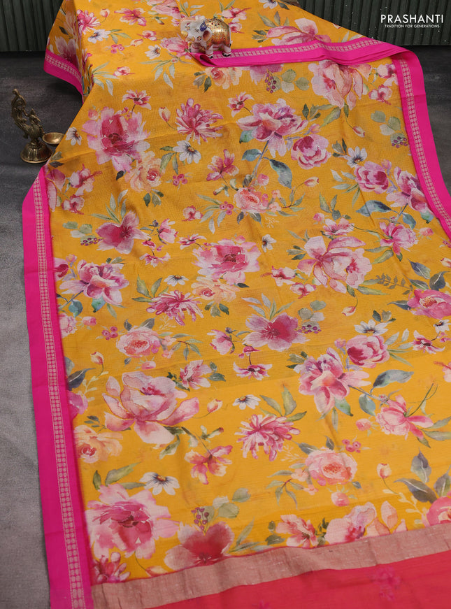 Kota silk cotton saree mango yellow and pink with allover floral digital prints and thread woven border
