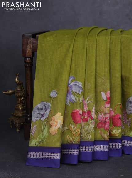 Kota silk cotton saree mehendi green and blue with floral digital prints and thread woven border