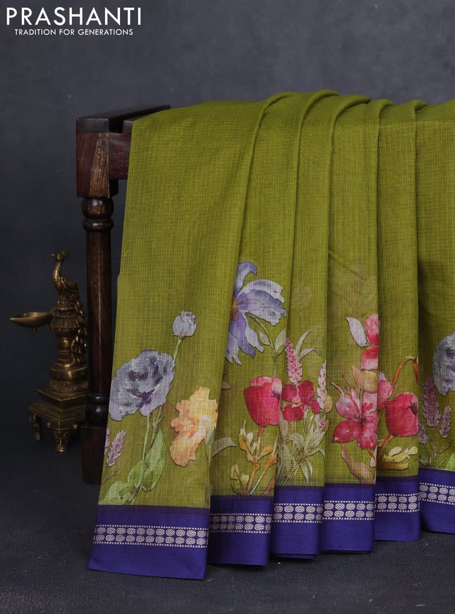 Kota silk cotton saree mehendi green and blue with floral digital prints and thread woven border