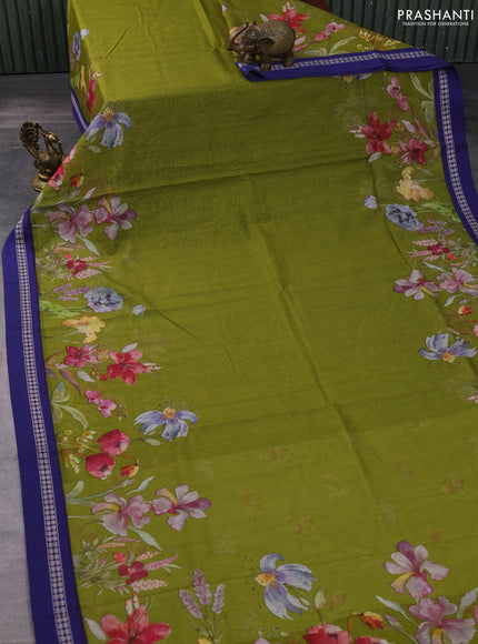 Kota silk cotton saree mehendi green and blue with floral digital prints and thread woven border