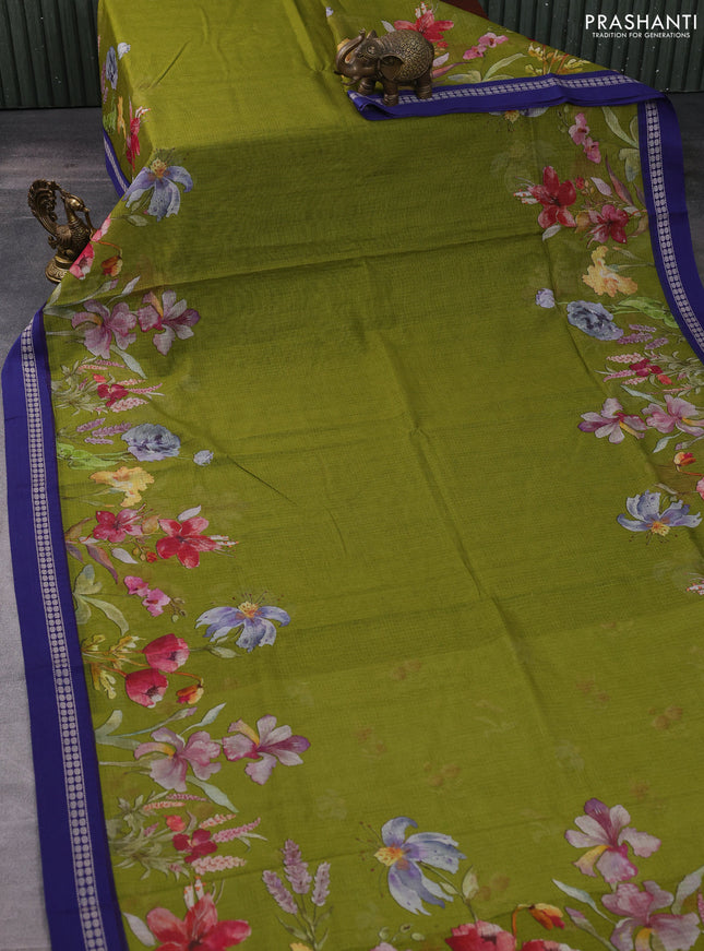 Kota silk cotton saree mehendi green and blue with floral digital prints and thread woven border