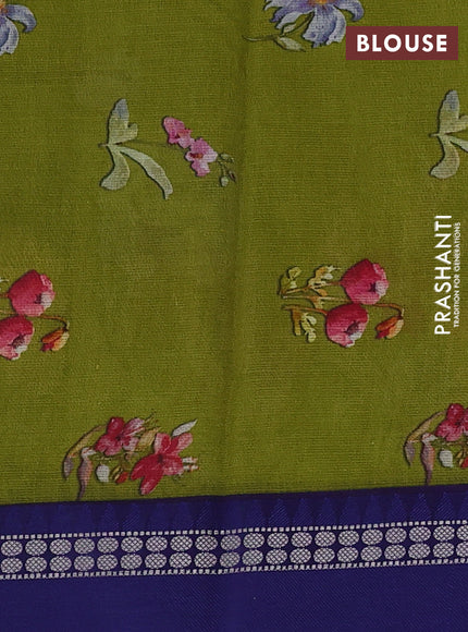 Kota silk cotton saree mehendi green and blue with floral digital prints and thread woven border