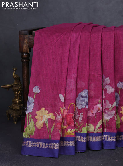 Kota silk cotton saree magenta pink and blue with floral digital prints and thread woven border