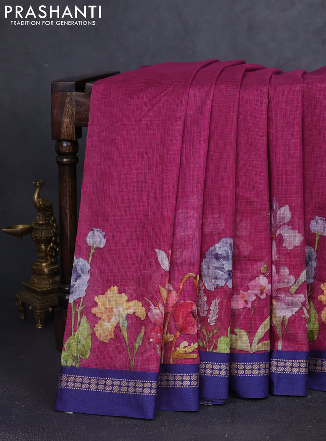 Kota silk cotton saree magenta pink and blue with floral digital prints and thread woven border