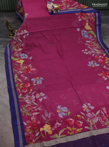 Kota silk cotton saree magenta pink and blue with floral digital prints and thread woven border