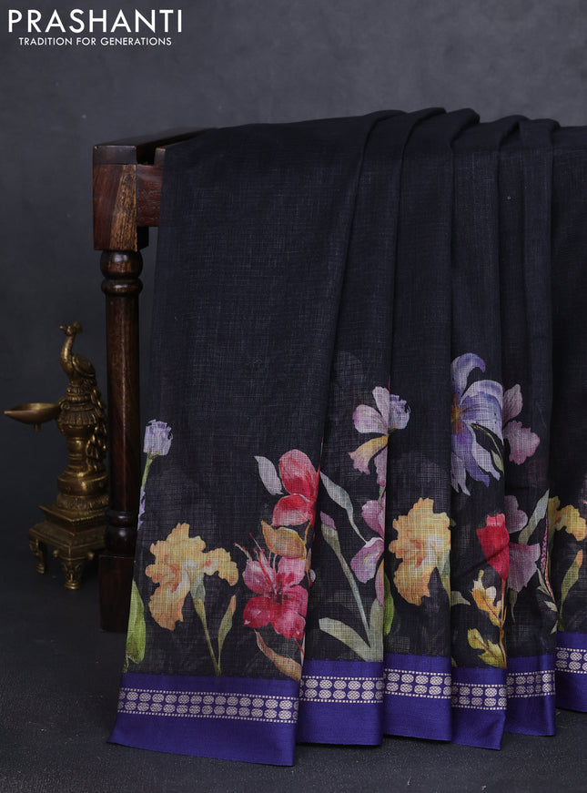 Kota silk cotton saree black and blue with floral digital prints and thread woven border