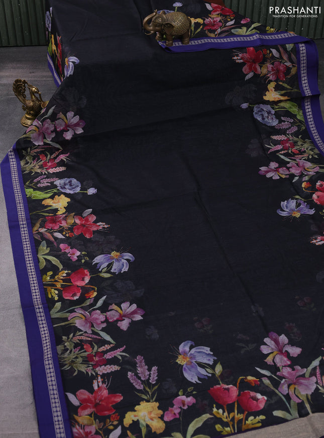 Kota silk cotton saree black and blue with floral digital prints and thread woven border